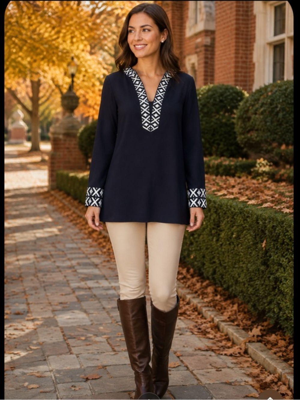 Tory Burch Navy Embroidered Long Sleeve Tunic
